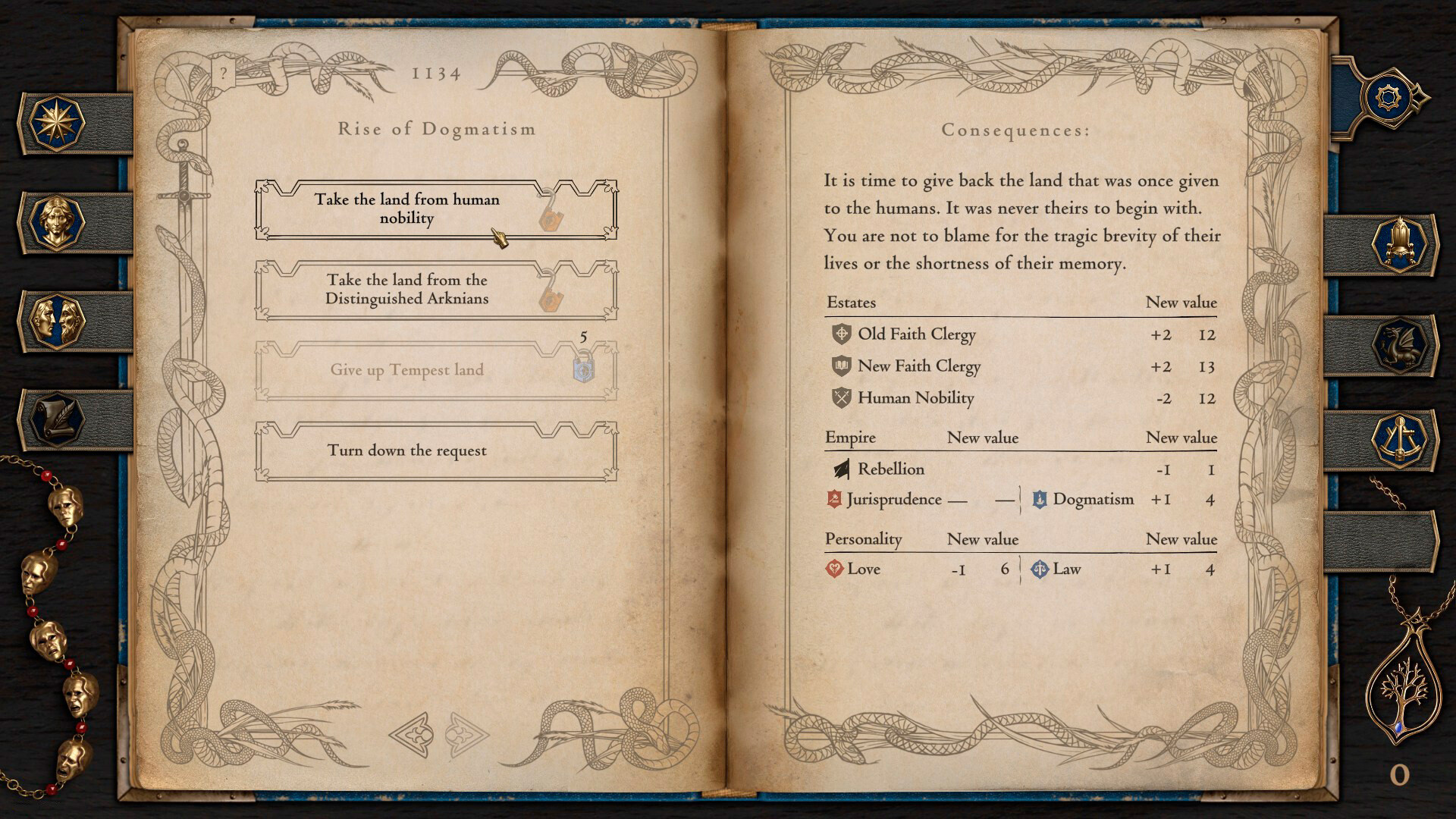 Official screenshot with several decision options and a separate panel summarizing consequences